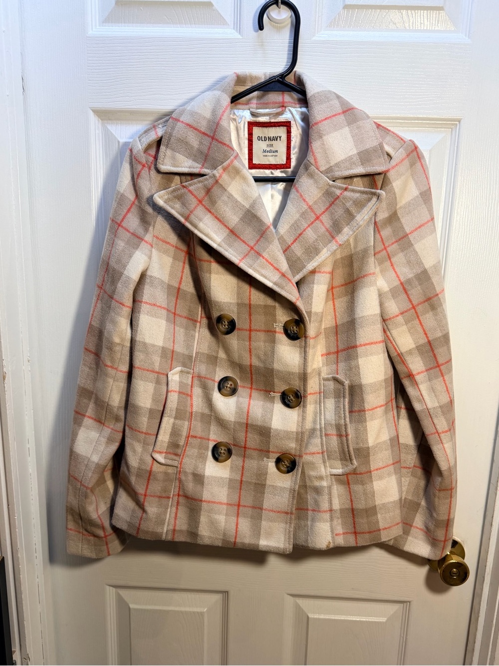 Old Navy Beige Plaid Double-Breasted Peacoat with Red Windowpane